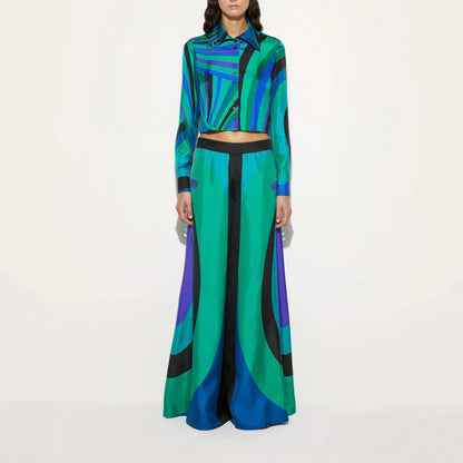 Positioning Printing Satin Long Sleeve Shirt Trousers Wide Leg Pants Two Piece Sets - Wanita Store