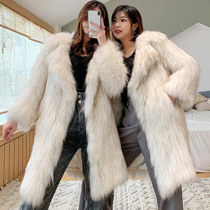 Women Raccoon Fur Coat Women Long Fox Fur Collar Fur Coat Loose Casual Trench Coat - Wanita Store