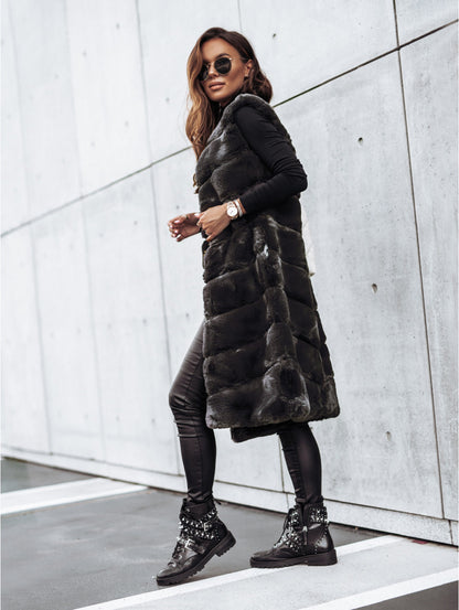Women Clothing Autumn Winter round Neck Fur Vests Long Vest Coat - Wanita Store