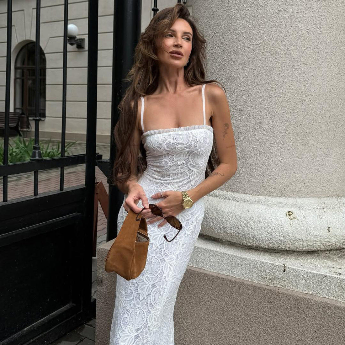 Summer Women Clothing Sexy Solid Color Mesh Stitching Hollow Out Cutout Slim Strap Dress