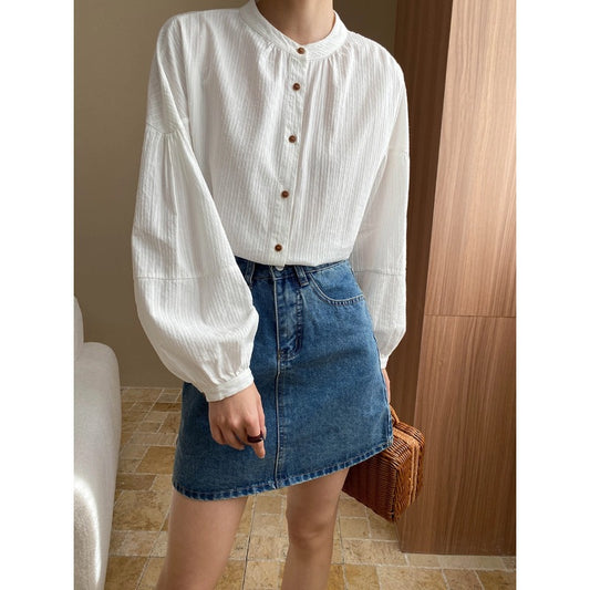 Spring Lazy Elegant Striped Loose Lantern Sleeve Stand Collar Shirt Cotton