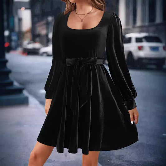 Women Dress Elegant Velvet Square Collar Easy Matching Waisted Slim Fit Stretch Long Sleeve Short Dress