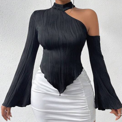 Spring Women Clothing Strip Sexy Street Long Sleeve Diagonal Collar Halterneck T Shirt Women - Wanita Store