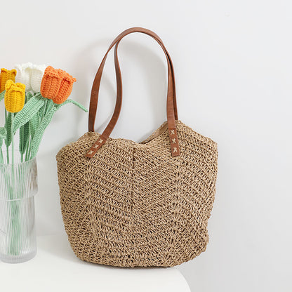 Retro Straw Bag Portable Large Capacity Shoulder Woven Bag Vacation Beach Bag Women Bag - Wanita Store
