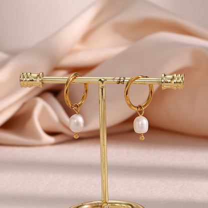 Simple Light Luxury Earrings Jewelry Stainless Steel Plated 18K Gold Freshwater Pearl Gold Ear Ring Accessories - Wanita Store