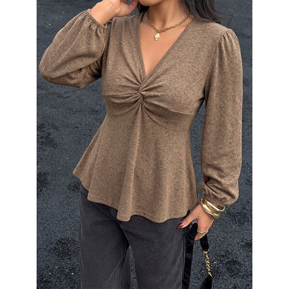 Autumn Atmosphere V neck Knot Tight Waist Puff Sleeve Shirt Slim Fit Slimming A line Knitted Long Sleeve Top