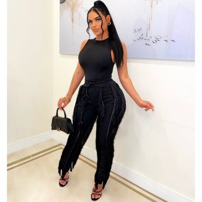 Women Clothing Two Piece Set Tassel Trousers Sleeveless Casual Suit Lace Summer Sexy - Wanita Store