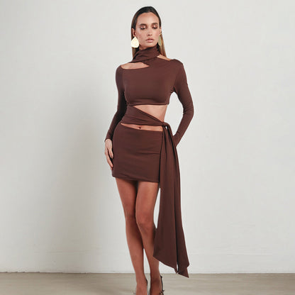 Women Clothing Autumn Strap off the Shoulder Hollow Out Cutout Irregular Asymmetric Dress - Wanita Store