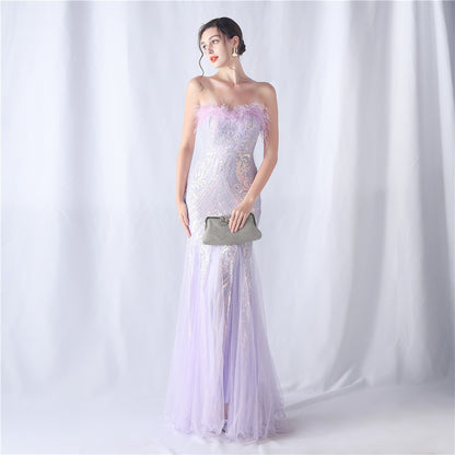 Ostrich Feather Positioning Floral Cutting Wedding Annual Meeting Tube Top Sequin Gauze Evening Dress - Wanita Store