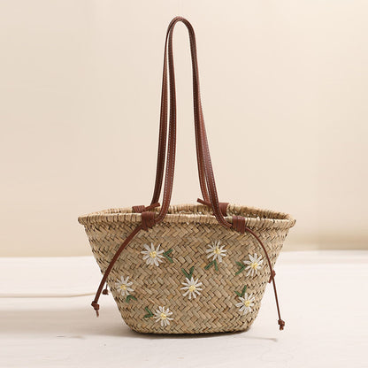 Fresh Floral Embroidery Shoulder Straw Bag Large Capacity Mitsubishi Straw Woven Bag Seaside Vacation Beach Bag - Wanita Store