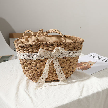 Straw Bag Lace Bow Woven Bag Fairy Seaside Vacation Beach Bag Women Bag - Wanita Store