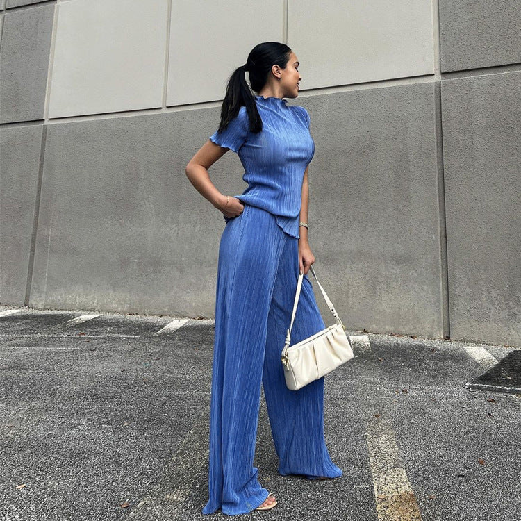 Spring Slimming T shirt High Waist Blue Pleated Wide Leg Pants Casual Women Clothing Fashion Suit