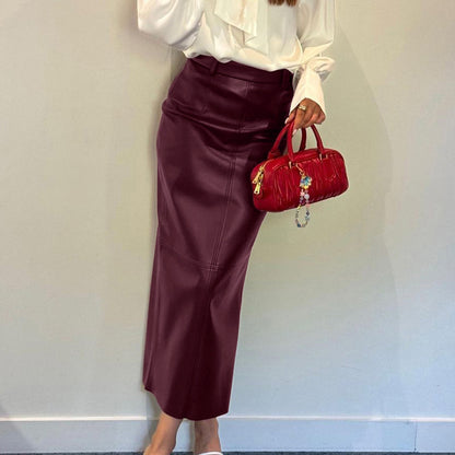Women Clothing High Waist Split Skirt Women Faux Leather Wine Red Long Sheath Skirt - Wanita Store