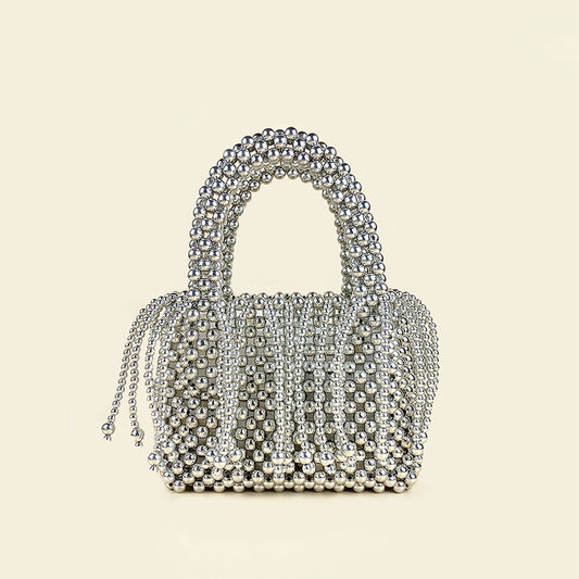 Tassel Hand Woven Metal Silver Beaded Square Vegetable Basket Pearl Bucket Hand Held Tote