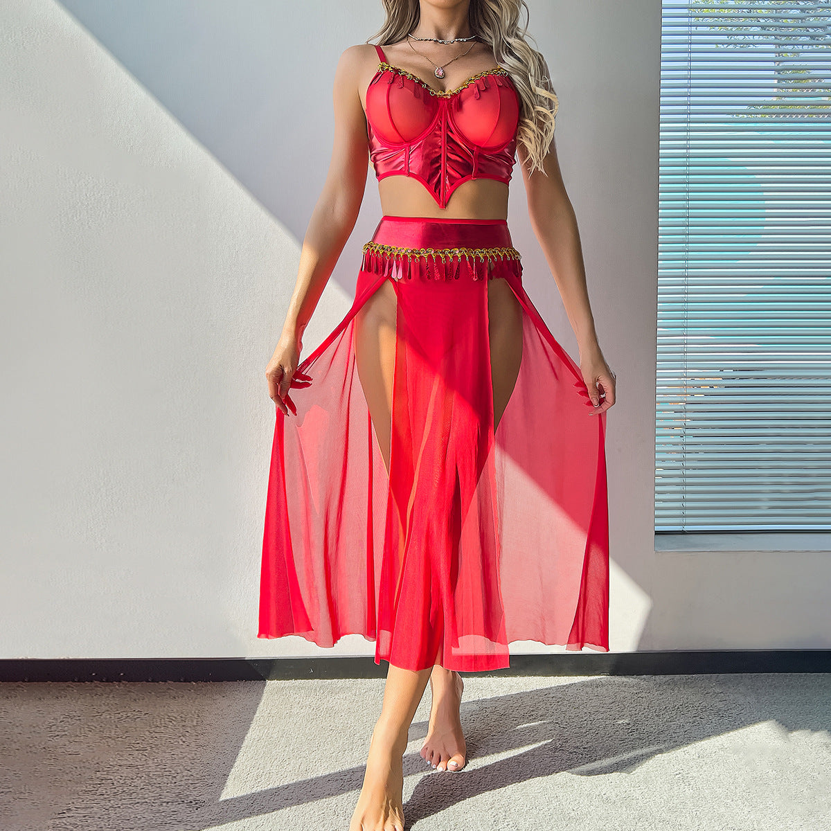 Uniform Dress up Dance Party Red High Waist Split See through Skirt Three Piece Sexy Lingerie Women