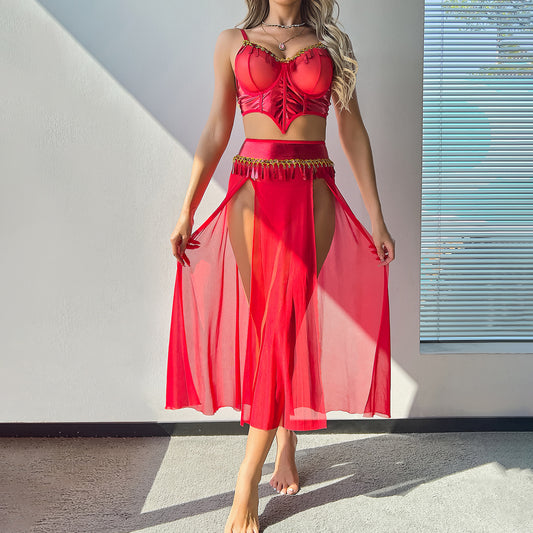 Uniform Dress up Dance Party Red High Waist Split See through Skirt Three Piece Sexy Lingerie Women