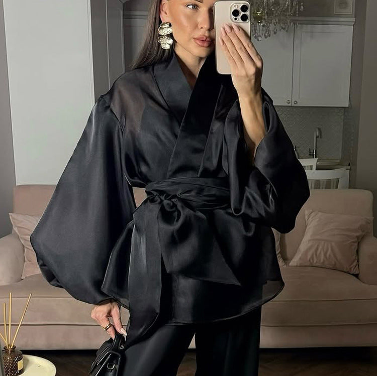 Camisa negra francesa transparente de primavera para mujer, manga abullonada, cuello en V, blusa con cordones