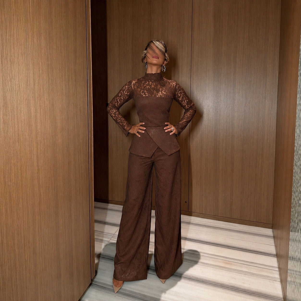Spring Summer French Sexy Lace Patchwork Turtleneck Long Sleeve Jumpsuit