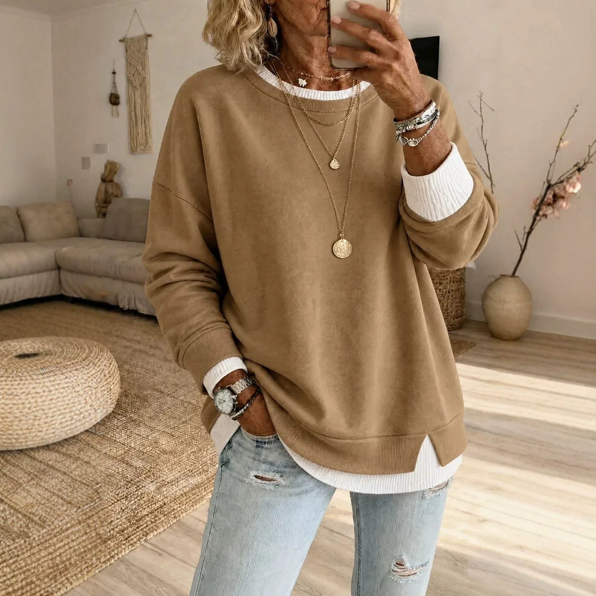 Faux Two Piece Thread Split round-Neck Long Sleeve Casual Pullover Sweaters Women Clothing Western Slimming