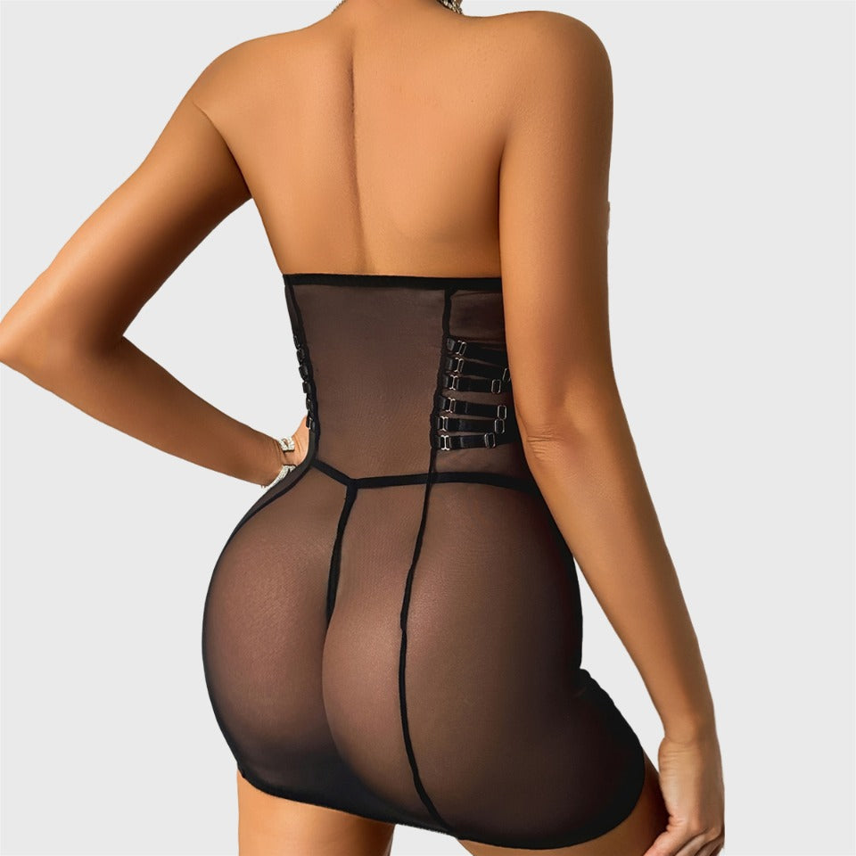 Sexy Tube Top Stitching See through Tulle Sexy Slimming Hip Skirt with T Back