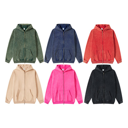 Autumn Winter Brand Washed Sweatshirt Hooded Cardigan Vintage Fleece-Lined Red Sweatshirt - Wanita Store