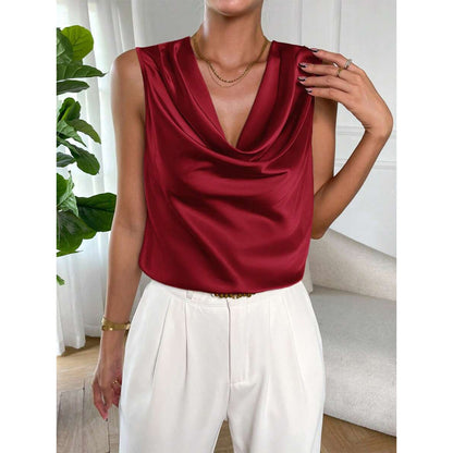 Women Satin Shirt Women Spring Summer Embellished Pleated Sleeveless Satin Faux Silk Shirt Top - Wanita Store