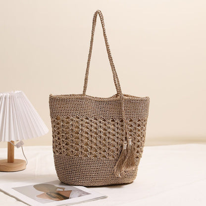 Large Capacity Hollow Out Cutout out Straw Bag All Matching Tassel Woven Bag Women Vacation Beach Bag Casual Shoulder Bag - Wanita Store