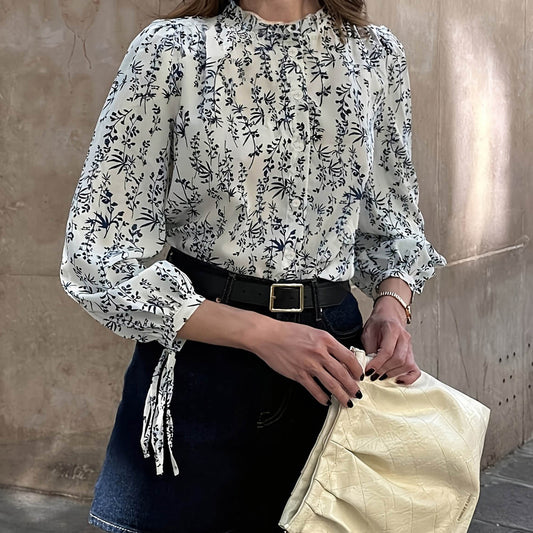 Lace Collar Floral Top Women Point Sleeve Cuff with Strap Gentle Casual Puff Sleeve Top