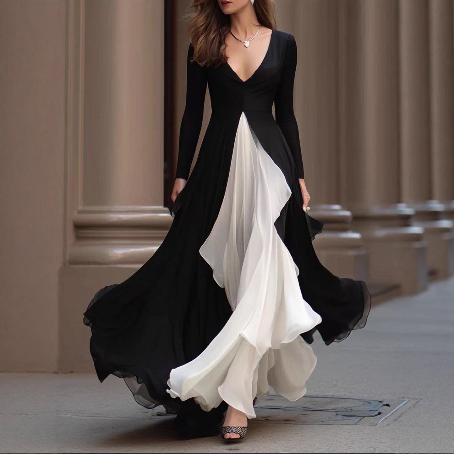 Vestido de manga larga con cuello de pico, cintura ajustada, contraste de color blanco y negro, patchwork, falda con gran vuelo, estilo francés.