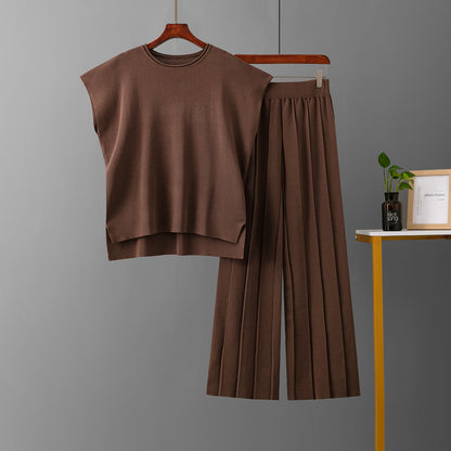 Casual Women Summer Solid Color Sleeveless Vest Sweater Wide Leg Pants Ice Silk Sets - Wanita Store
