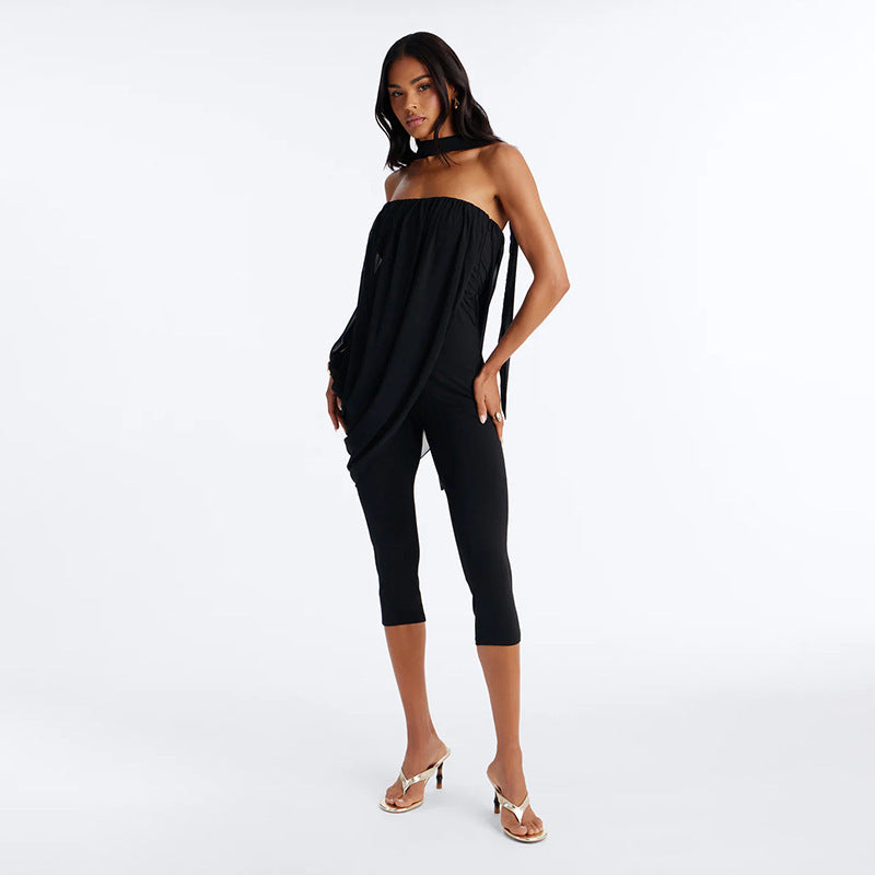 Women Clothing Autumn Solid Color Casual Sleeveless Scarf Bandeau Three Quarter Slim Fit Long Conjoined Trousers
