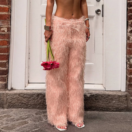 Autumn Women Casual Solid Color Fluff Sweatpants High Waist Straight Leg Pants Women