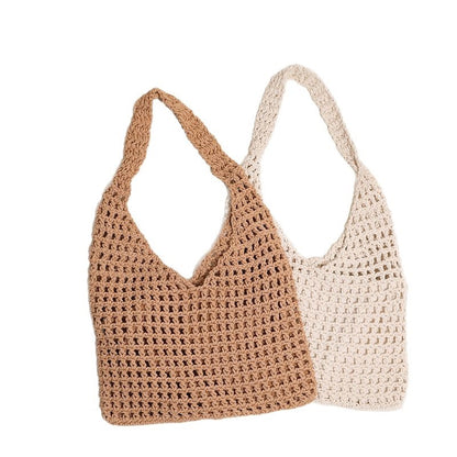 Hollow Out Cutout Cotton Thread Woven Bag Summer Simple Shoulder Straw Bag Vacation Beach Bag Women Bag - Wanita Store
