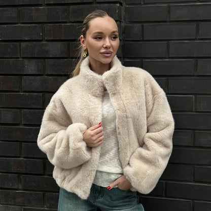 Stand Collar Plush Coat Autumn Winter with Zipper Furry Coat Warm Plush Coat for Women - Wanita Store