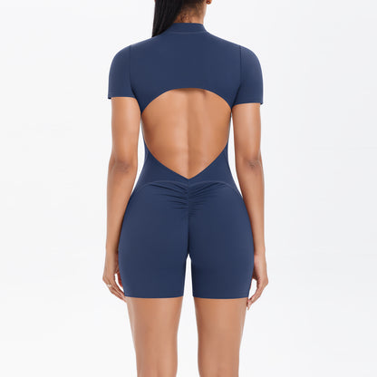 Hollow Out Cutout Beauty Back Short Sleeve Zipper Jumpsuit Peach Hip Sports Fitness Bare Back Jumpsuit Yoga Clothes for Women - Wanita Store