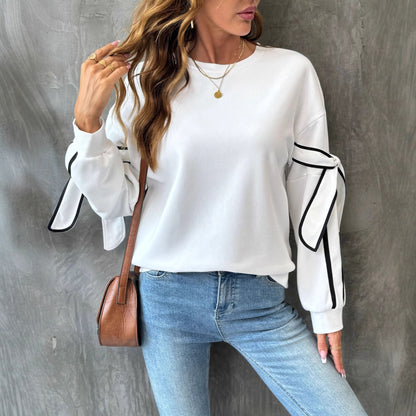 Autumn Contrast Color Three Dimensional Bow round Neck Long Sleeve Pullover Hoodie Women - Wanita Store