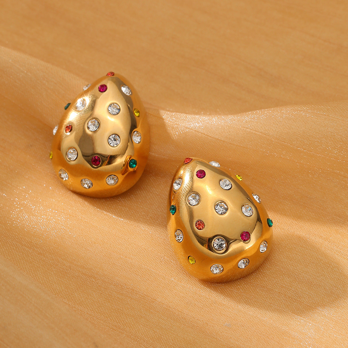 18K Gold Chubby Water Drop Stainless Steel Earrings Women Fashionable Diamond-Embedded Titanium Steel Ear Studs Earrings - Wanita Store