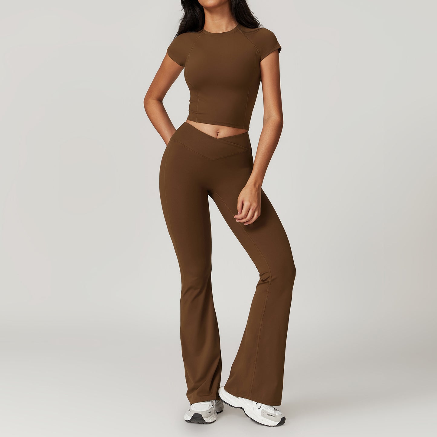 Short Sleeve Bell-Bottom Pants Light Brown