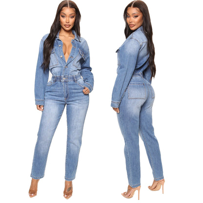 Women Slim Elastic Feet Wash Denim Jumpsuit - Wanita Store