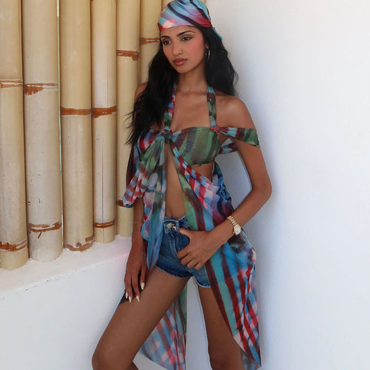 Women Clothing Summer Sexy Backless Print Personalized Halter Irregular Asymmetric Top