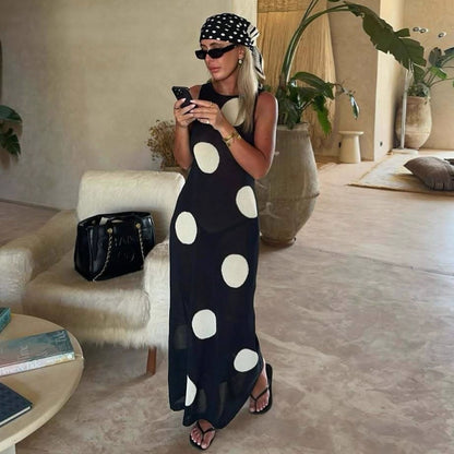 Autumn Winter Polka Dot Casual Slimming Knitted Maxi Dress Bohemian Beach See through Dress Women - Wanita Store