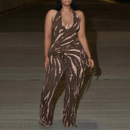 Elegant Sexy Slim Fit Stretch Backless Tassel Printed Halter Strap Micro Pull Jumpsuit - Wanita Store