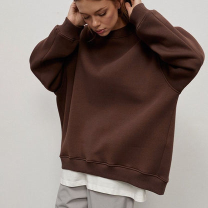 Round Neck Loose Sweatshirt Women Autumn Winter Street Solid Color Polar Fleece Pullover Sweatshirt - Wanita Store