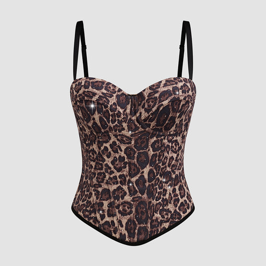 Sexy Leopard Print Camisole Women Long Stretch Body Shaping Boning Corset Corset Rhinestone Top