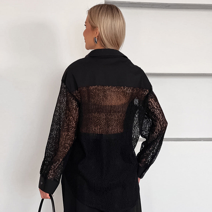 Spring Lace Stitching Hollow Out Cutout Backless Design Long Sleeve Collared Office Shirt for Women - Wanita Store