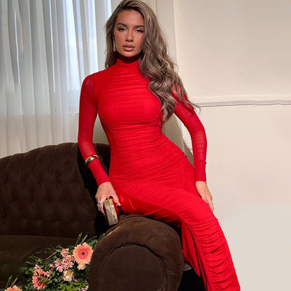 Autumn Elegant Socialite Private Clothes Pleated Turtleneck Long Sleeve Waist Tight Hip Slim Fit Dress - Wanita Store
