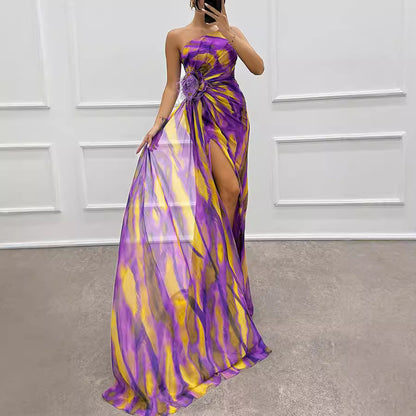 Chiffon Floral Print Slit Dress Casual Party Long Women Clothing Dress - Wanita Store
