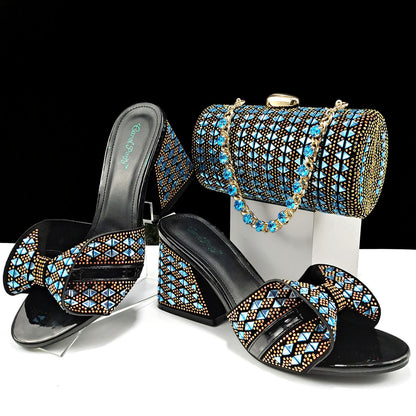 Women Shoes Bags Two Piece Sets Summer Mouth High Heel Slippers Color Matching Rhinestone Embellished Cylindrical Bag Casual - Wanita Store