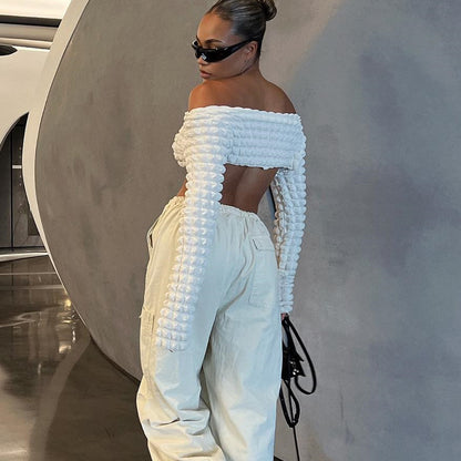 Hollow Out Cutout Bubble Cropped Long Sleeve off-Shoulder Top Sexy T shirt - Wanita Store