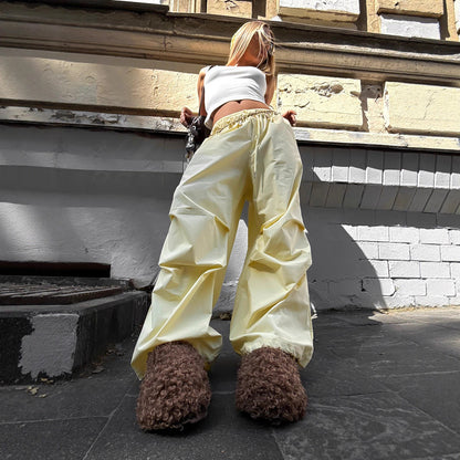 Wide Leg Trousers Women Autumn Low Waist Drawstring Trousers Pleated Pure Cotton Workwear Trousers Women - Wanita Store